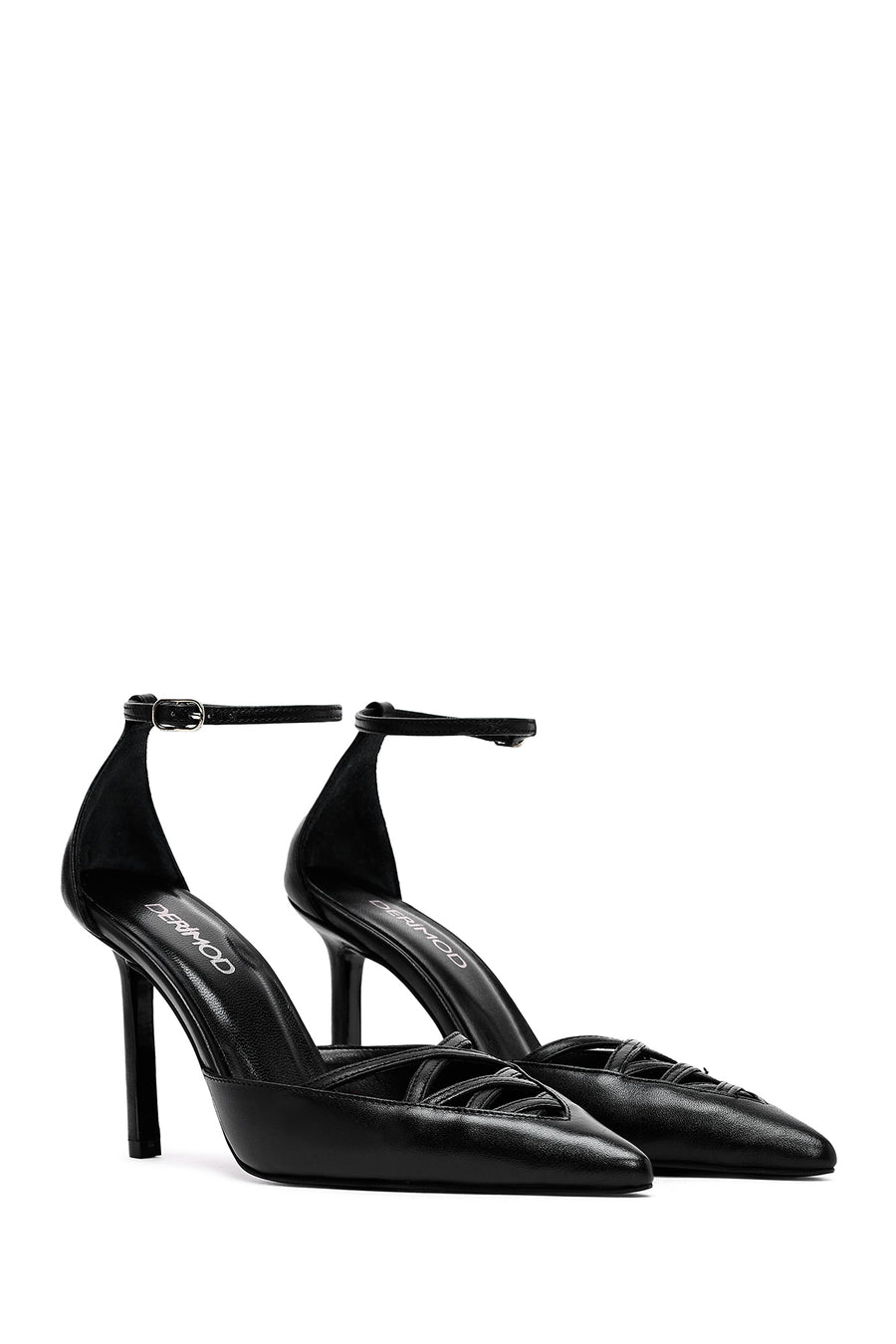 Women's Black Ankle Buckle Thin Heel Leather Shoes