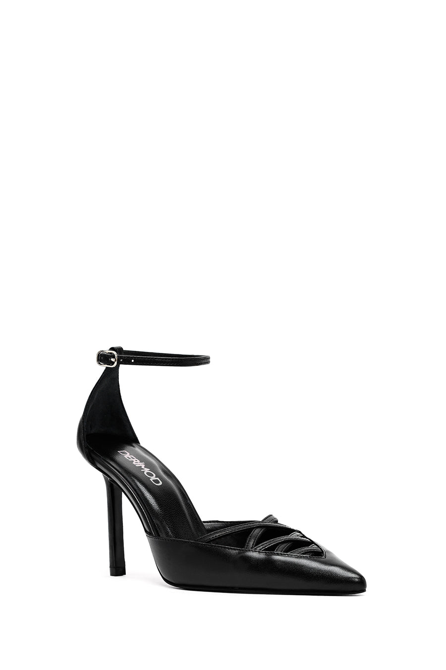 Women's Black Ankle Buckle Thin Heel Leather Shoes