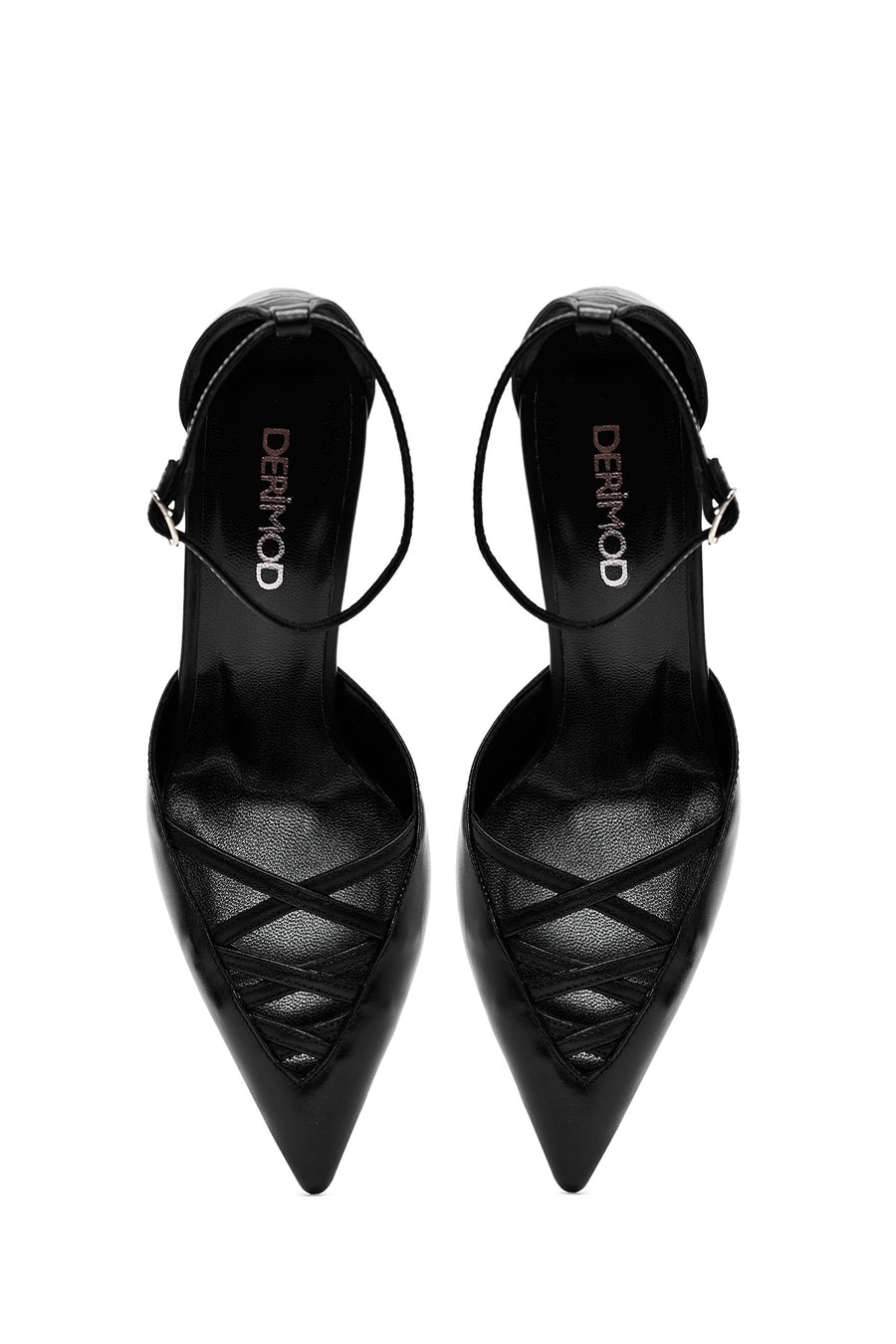 Women's Black Ankle Buckle Thin Heel Leather Shoes