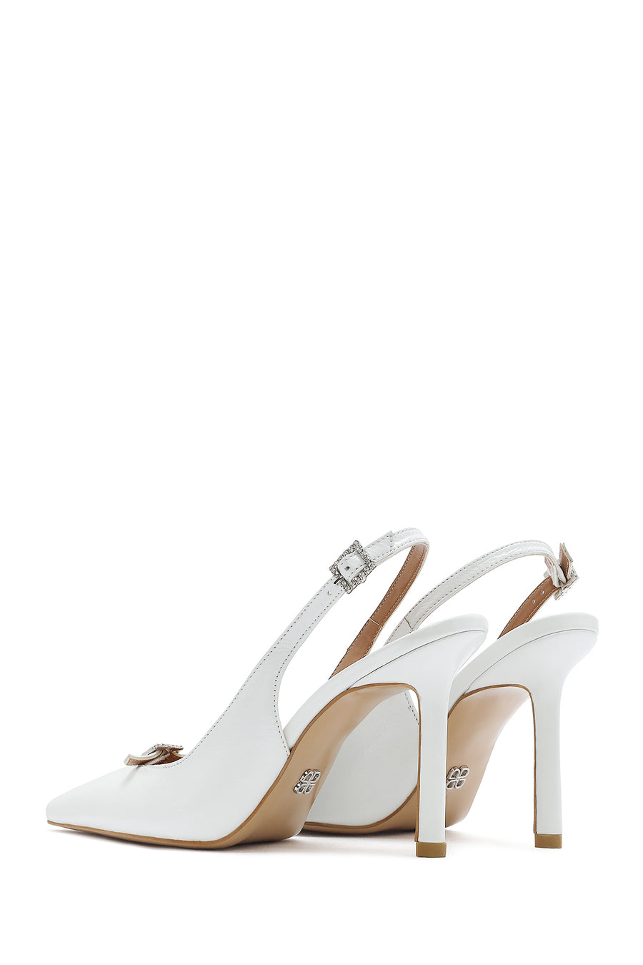 Women's White Ankle Buckle Open Back Thin Heel Leather Shoes