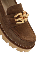 Women's Brown Buckled Thick Soled Suede Leather Masculine Loafer | Derimod