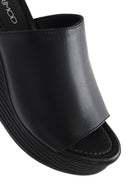 Women's Black Wedge Heeled Leather Slippers | Derimod