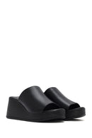 Women's Black Wedge Heeled Leather Slippers | Derimod