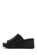 Women's Black Wedge Heeled Leather Slippers | Derimod