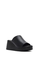 Women's Black Wedge Heeled Leather Slippers | Derimod