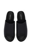 Women's Black Wedge Heeled Leather Slippers | Derimod
