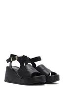 Women's Black Ankle Strap Wedge Heel Leather Sandals | Derimod
