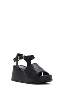 Women's Black Ankle Strap Wedge Heel Leather Sandals | Derimod