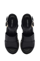 Women's Black Ankle Strap Wedge Heel Leather Sandals | Derimod