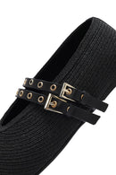 Kadın Siyah Çift Tokalı Hasır Deri Babet | Derimod