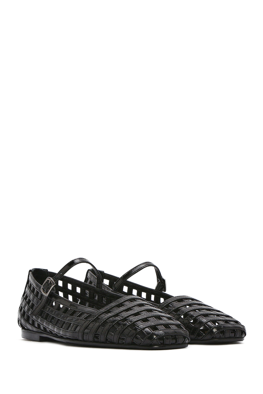 Women's Black Striped Patent Leather Ballerinas