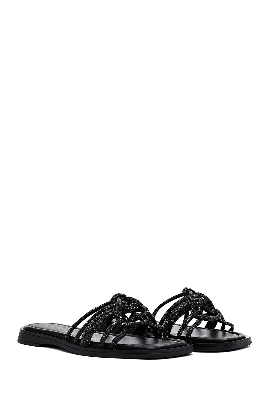 Women's Black Stoned Leather Slippers