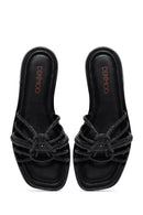 Women's Black Stoned Leather Slippers | Derimod