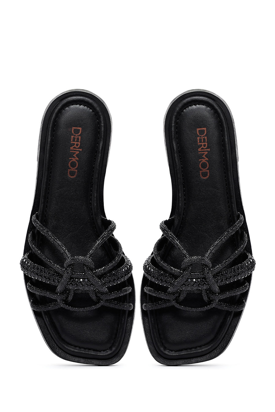 Women's Black Stoned Leather Slippers