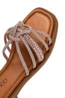 Women's Pink Stoned Leather Slippers | Derimod