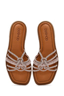 Women's Pink Stoned Leather Slippers | Derimod