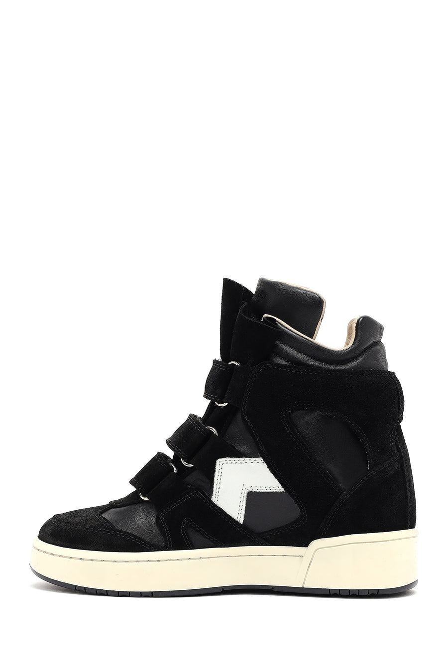 Women's Black Strappy Wedge Heel Leather Sneakers