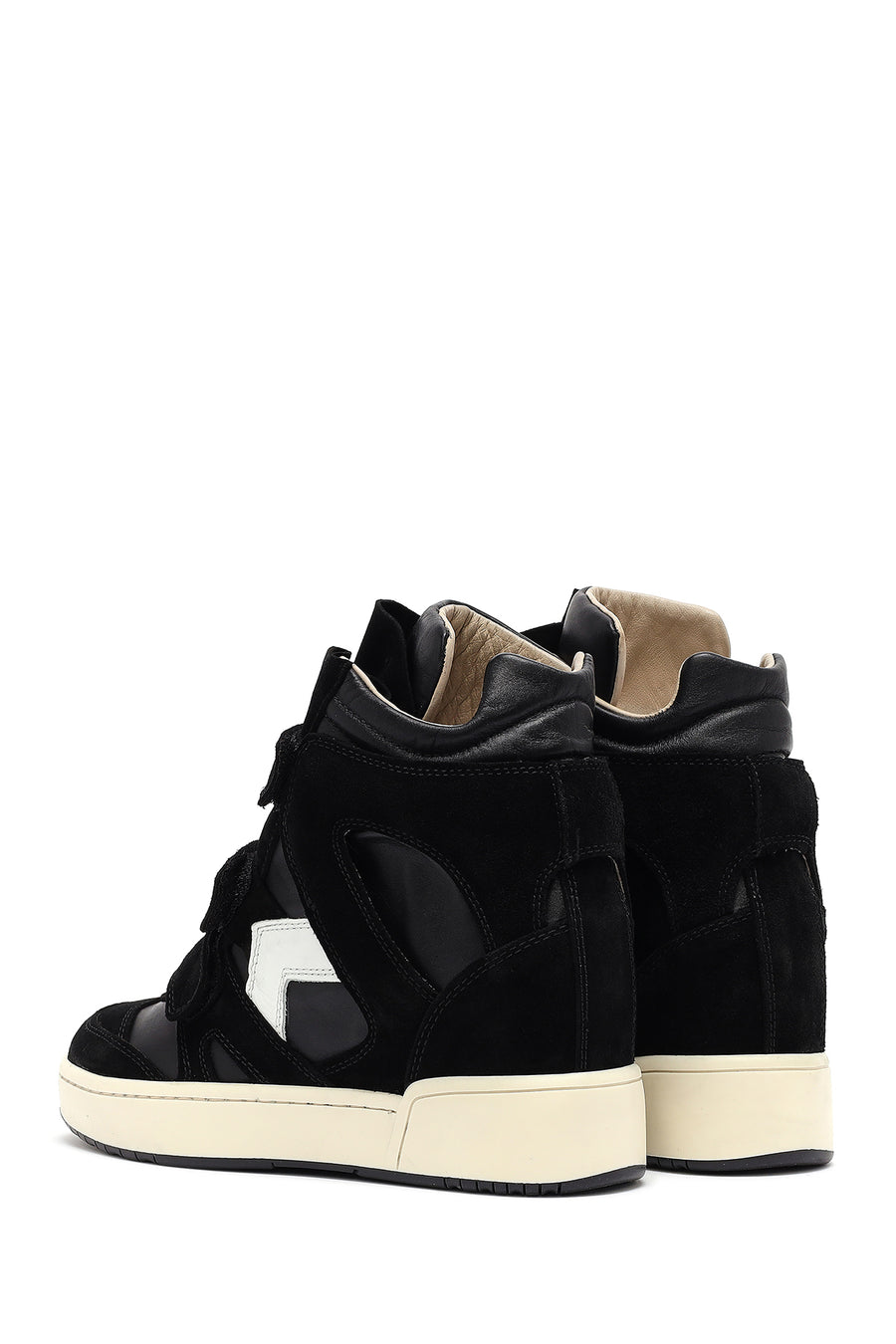Women's Black Strappy Wedge Heel Leather Sneakers