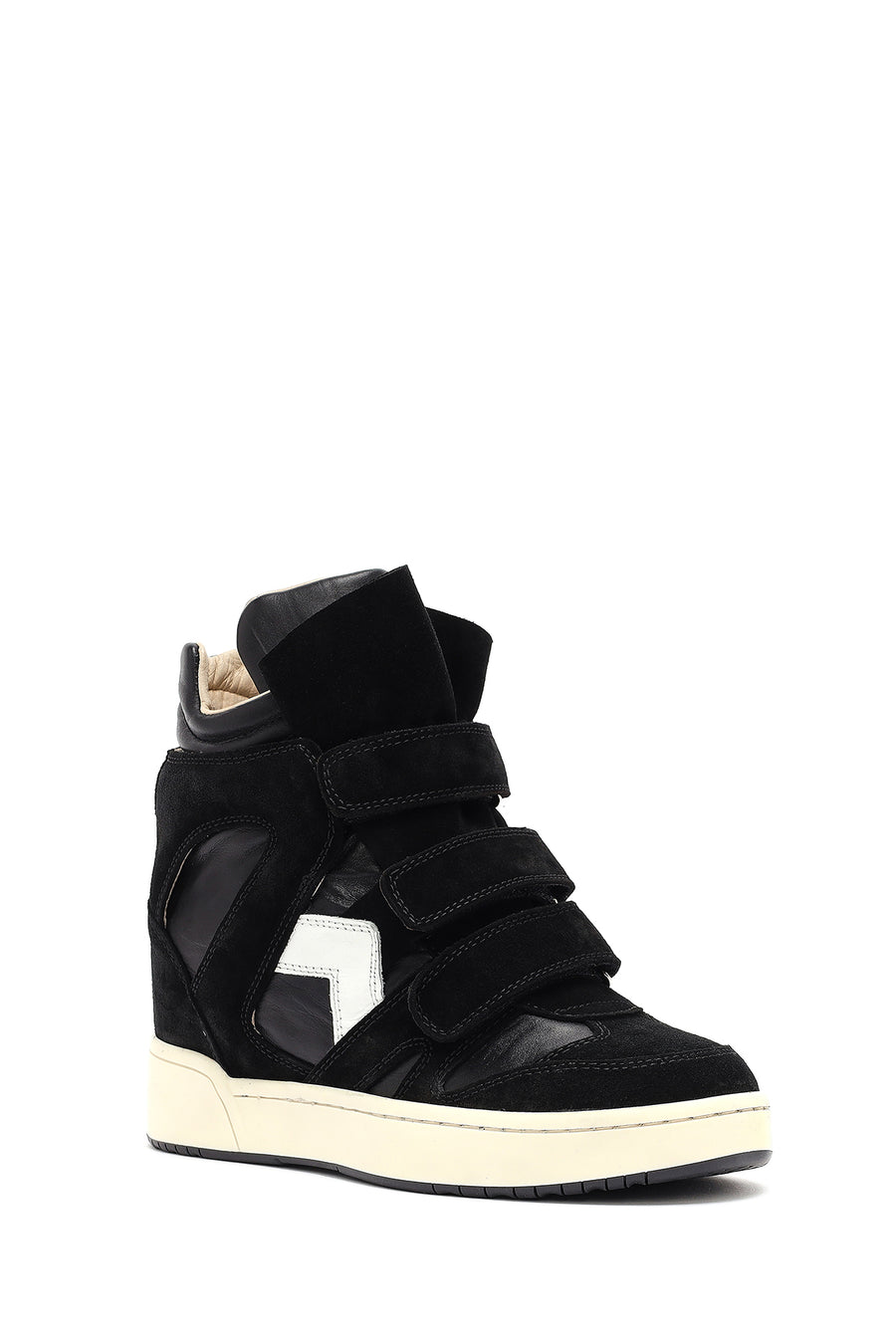 Women's Black Strappy Wedge Heel Leather Sneakers