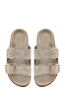 Women's Beige Buckle Suede Leather Slippers | Derimod