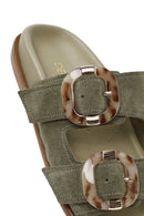 Women's Green Double Buckled Suede Leather Slippers | Derimod