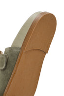 Women's Green Double Buckled Suede Leather Slippers | Derimod