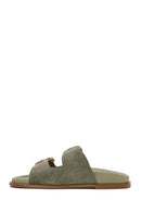 Women's Green Double Buckled Suede Leather Slippers | Derimod