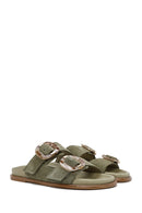 Women's Green Double Buckled Suede Leather Slippers | Derimod