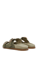 Women's Green Double Buckled Suede Leather Slippers | Derimod