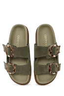 Women's Green Double Buckled Suede Leather Slippers | Derimod