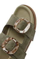 Women's Green Double Buckled Suede Leather Slippers | Derimod