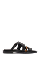 Women's Black Leopard Patterned Leather Slippers | Derimod