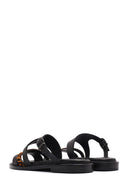 Women's Black Leopard Patterned Leather Slippers | Derimod