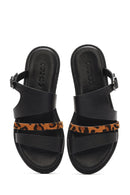 Women's Black Leopard Patterned Leather Slippers | Derimod