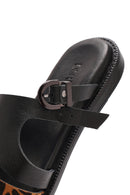 Women's Black Leopard Patterned Leather Slippers | Derimod