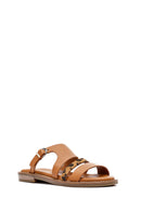 Women's Brown Leopard Patterned Leather Slippers | Derimod