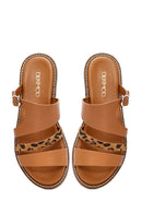 Women's Brown Leopard Patterned Leather Slippers | Derimod