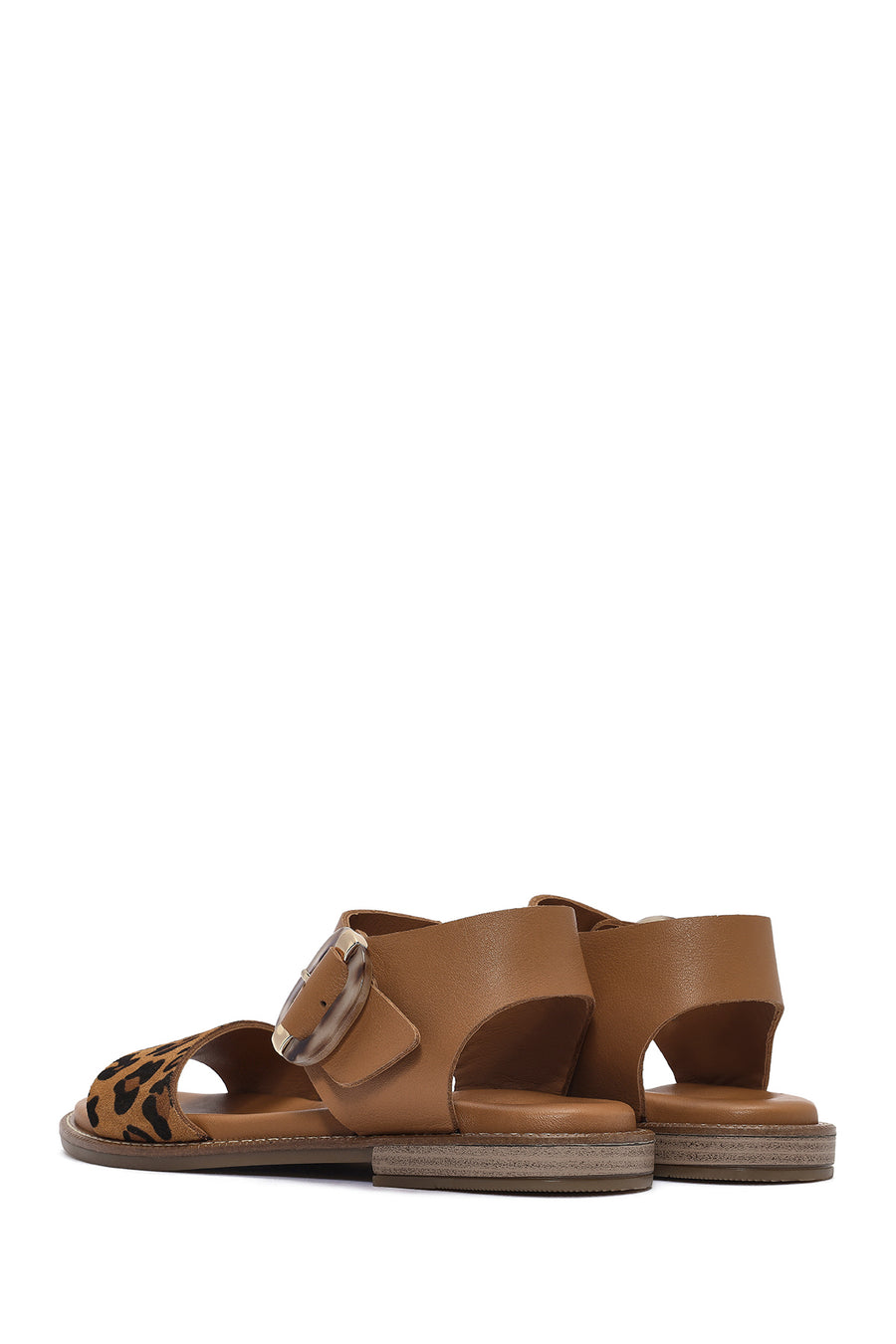 Women's Brown Buckled Leopard Patterned Leather Sandals