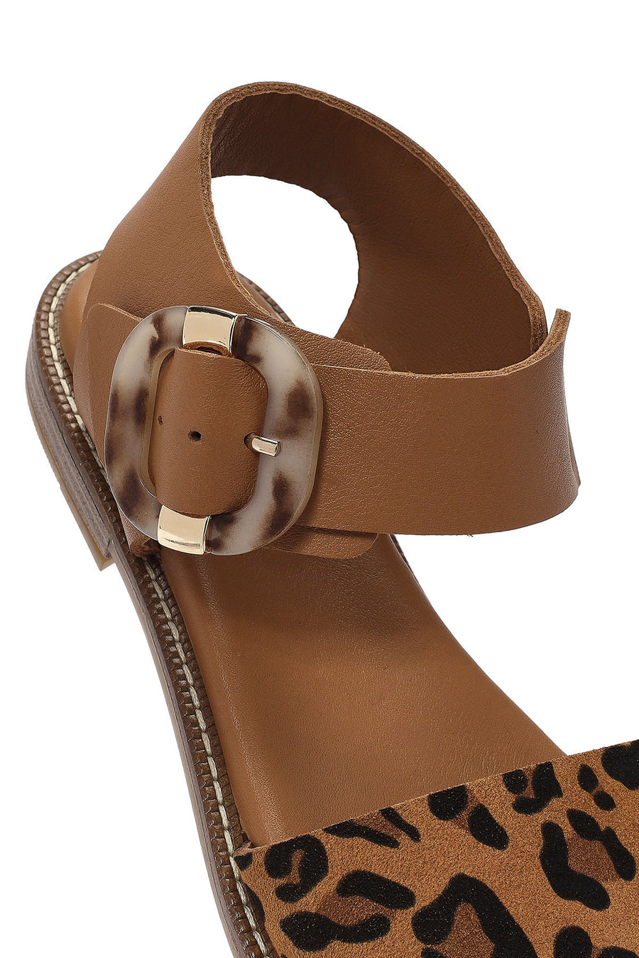 Women's Brown Buckled Leopard Patterned Leather Sandals