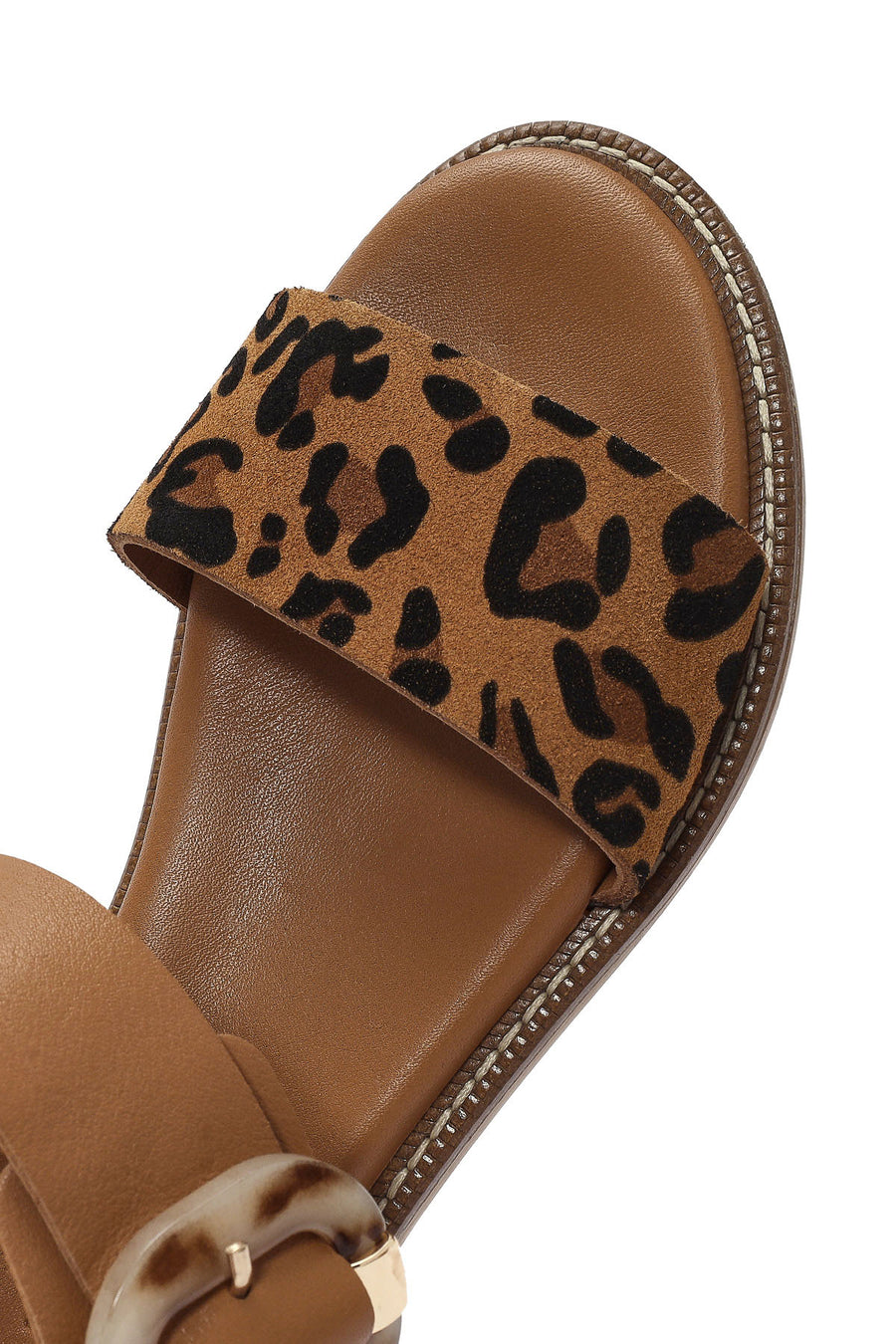 Women's Brown Buckled Leopard Patterned Leather Sandals