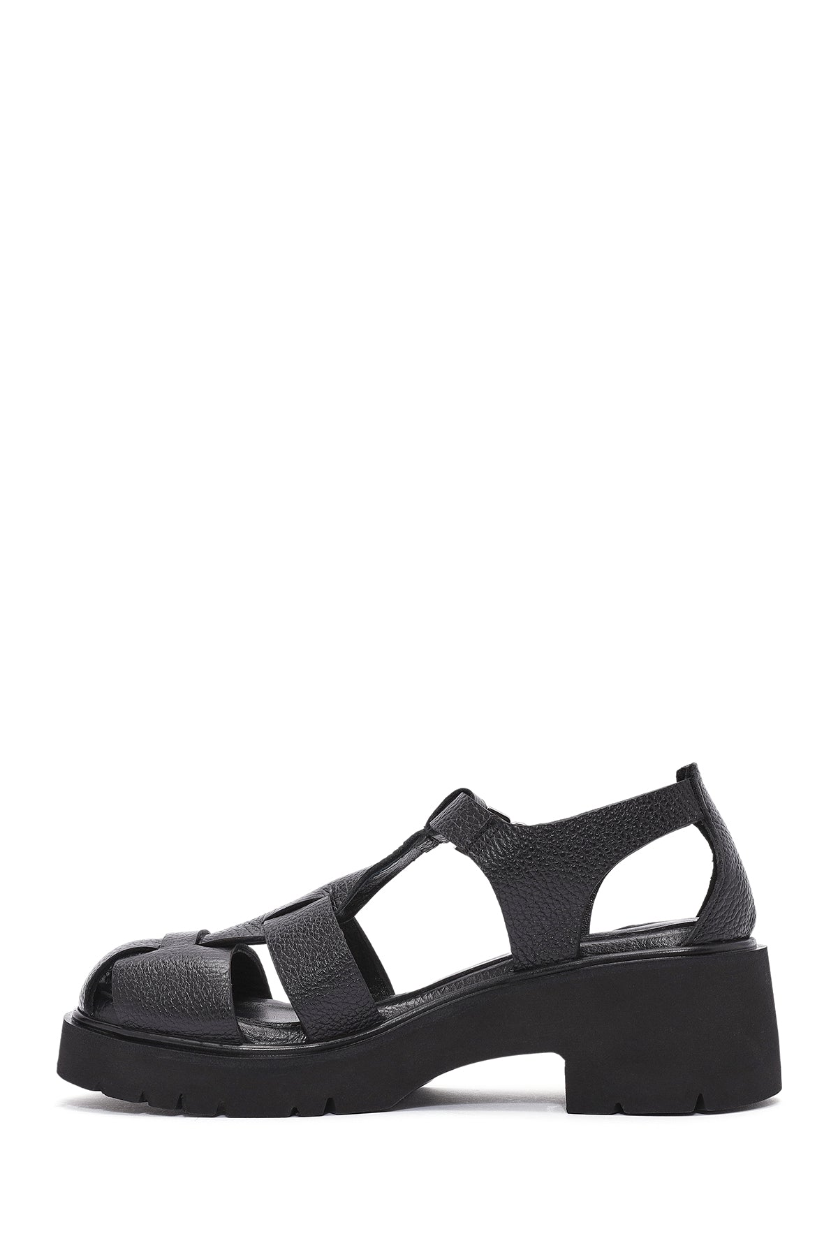 Kadın Siyah Bilekten Bağlamalı Kalın Topuklu Deri Sandalet