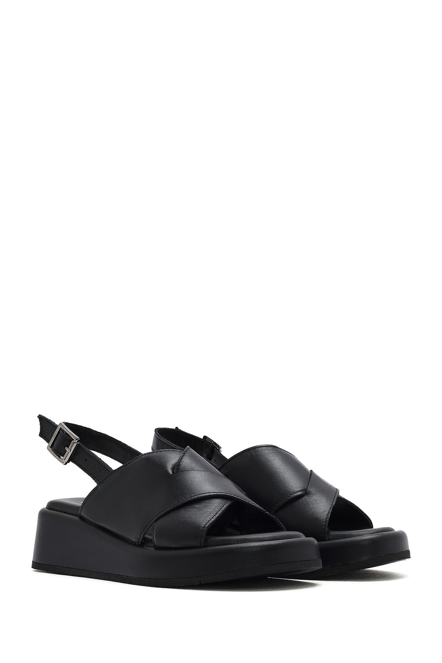 
Women's Black Ankle Buckle Thick Sole Leather Sandal
