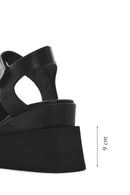Women's Black Ankle Strap Wedge Heel Leather Sandals | Derimod