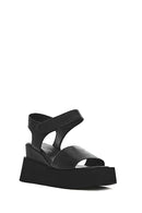 Women's Black Ankle Strap Wedge Heel Leather Sandals | Derimod