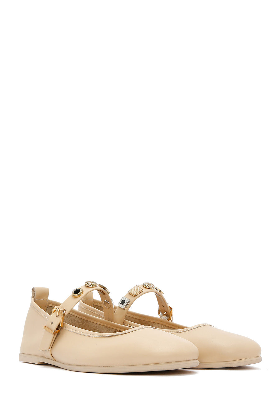 Women's Cream Buckled Leather Ballerinas
