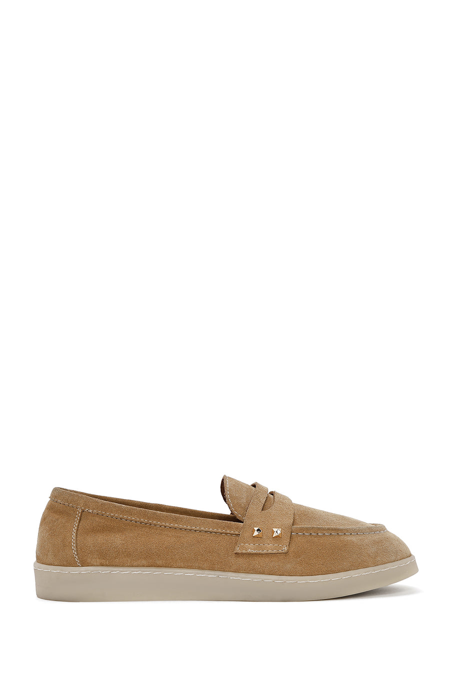 Women's Beige Stone Detailed Suede Leather Loafer 25SFD202210 | Derimod