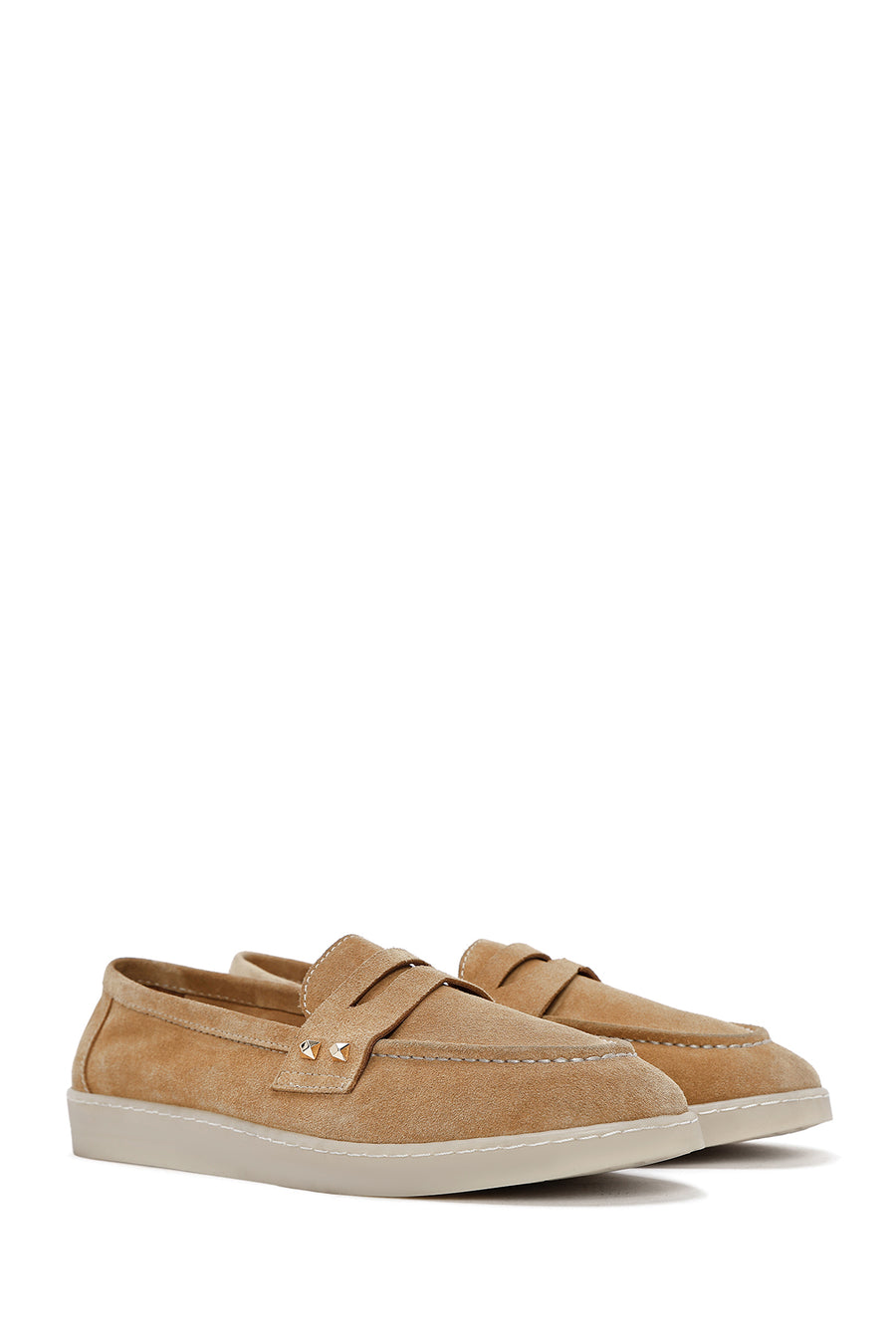 Women's Beige Stone Detailed Suede Leather Loafer