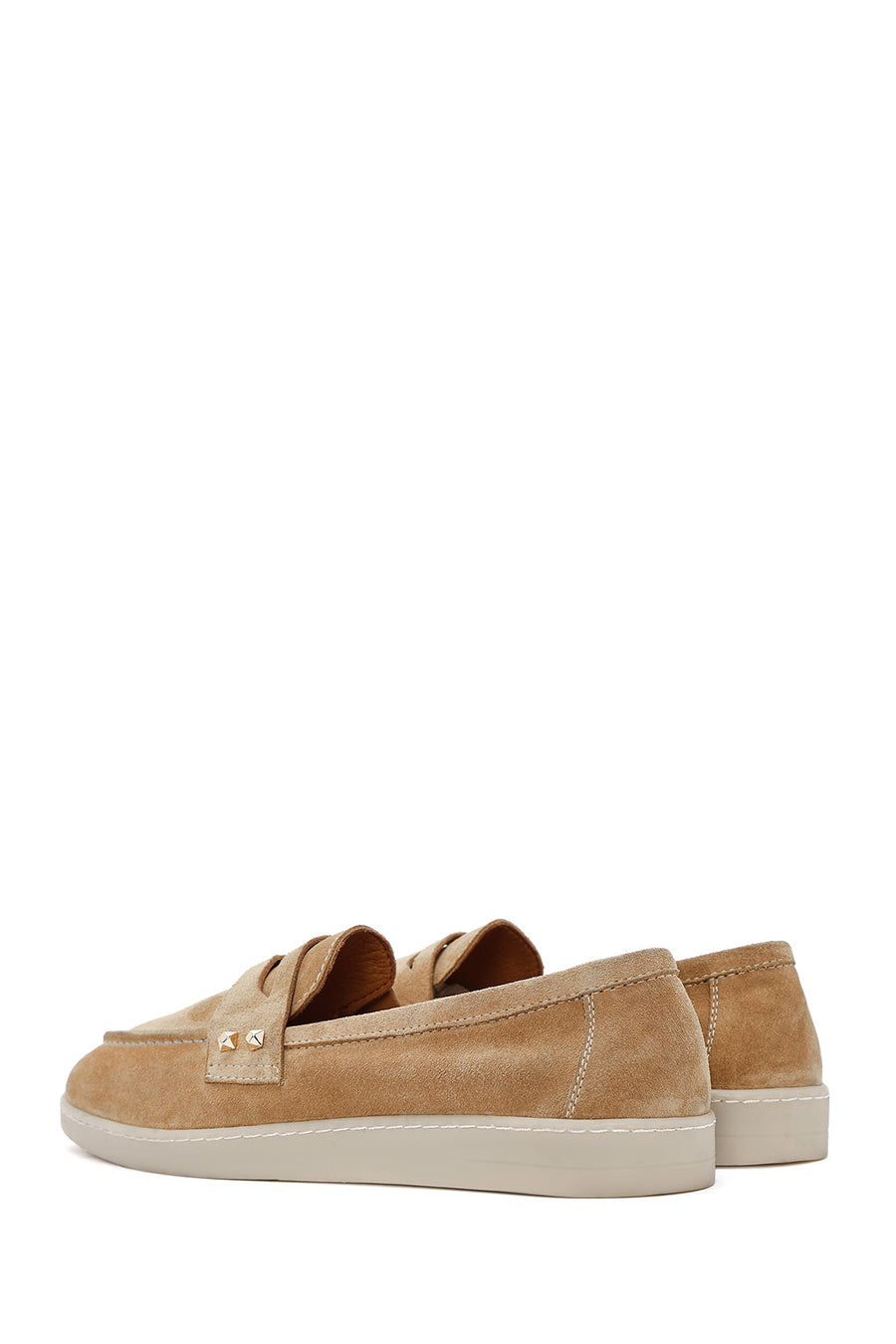 Women's Beige Stone Detailed Suede Leather Loafer