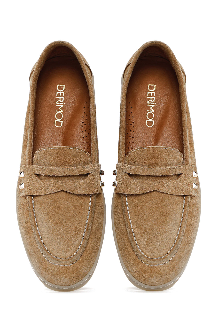 Women's Beige Stone Detailed Suede Leather Loafer