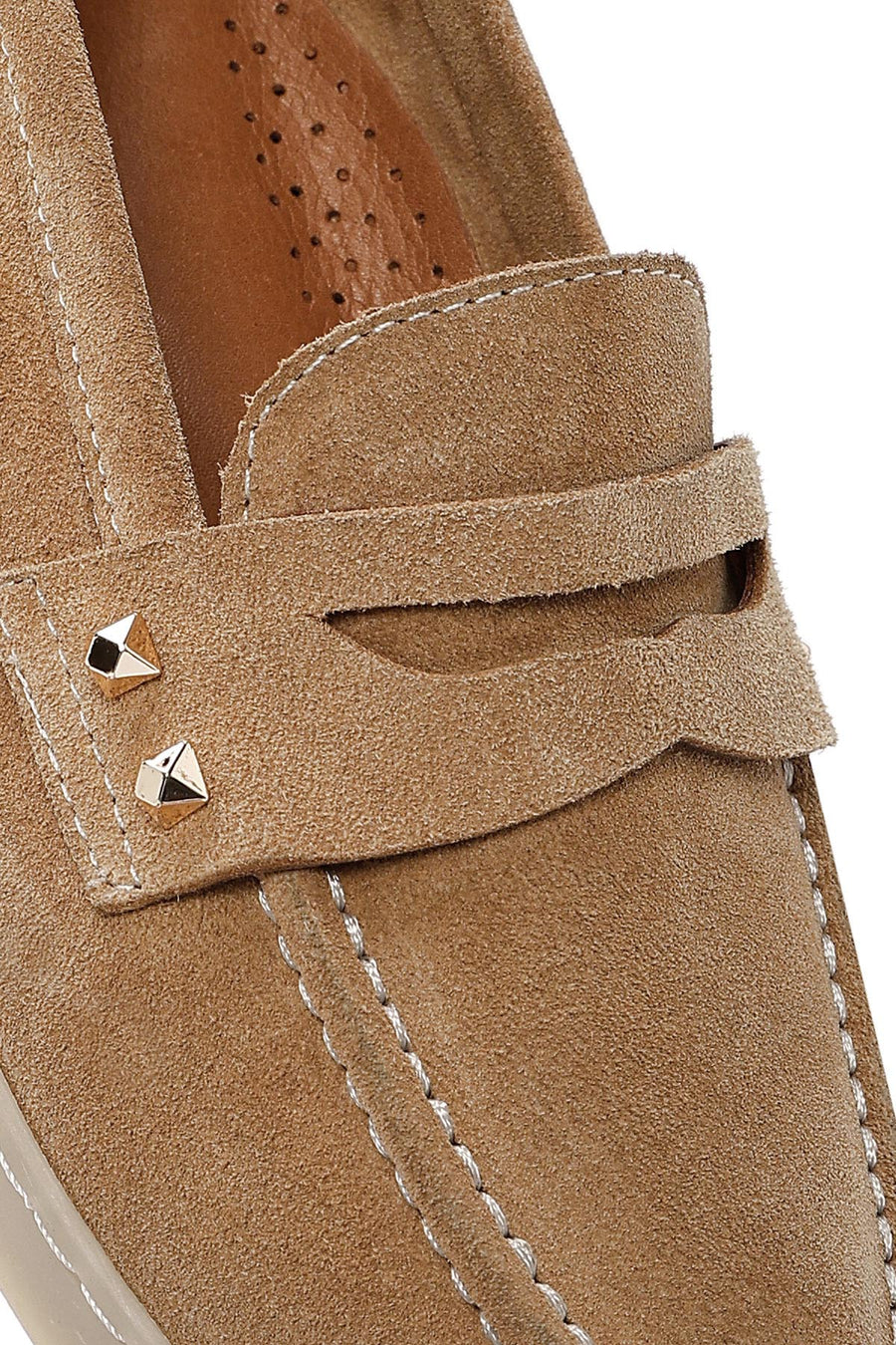 Women's Beige Stone Detailed Suede Leather Loafer
